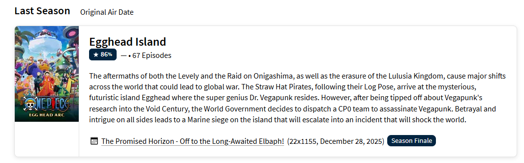 Screenshot of the One Piece TMDB page, showing the most recent episode listed as 22x1155